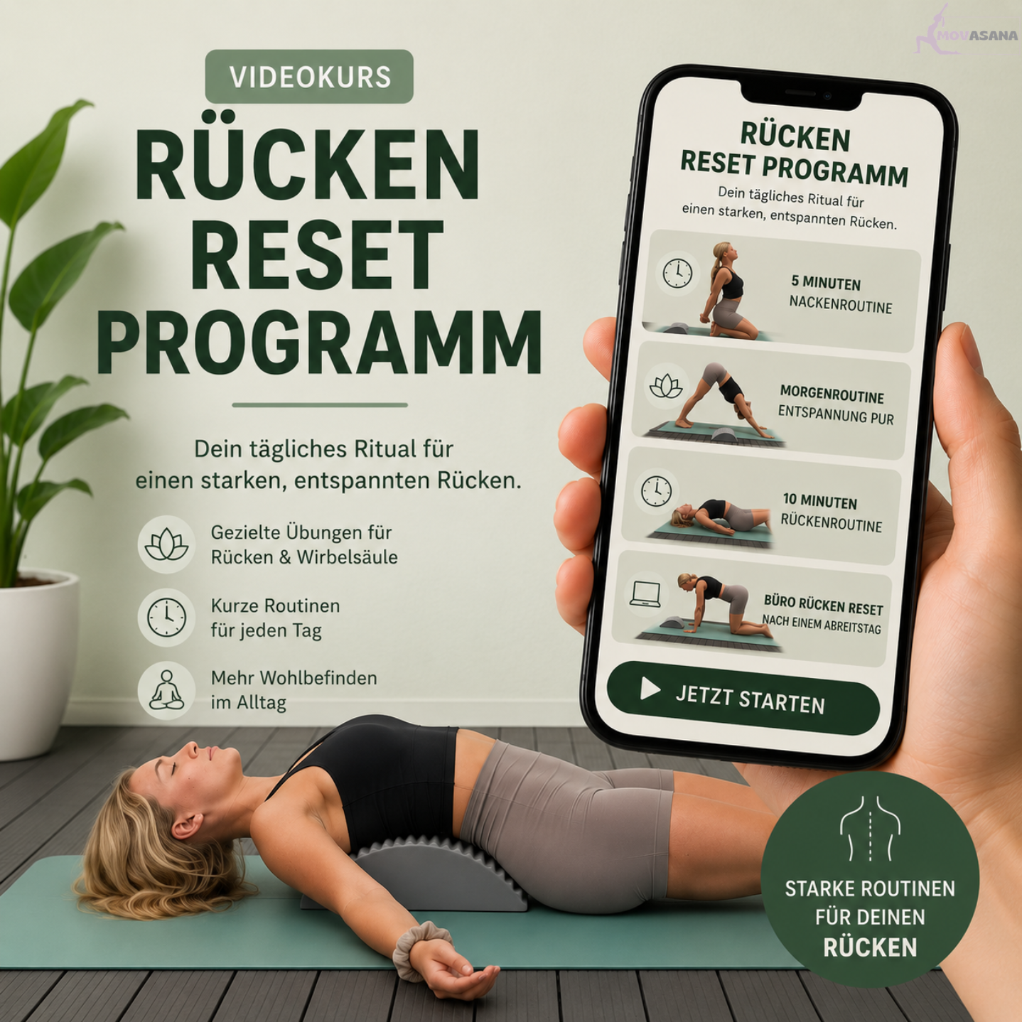 Videokurs Rücken-Reset-Programm: Frau liegt auf dem Movasana Rückendehnkissen, daneben ein Smartphone mit den vier Routinen des Kurses