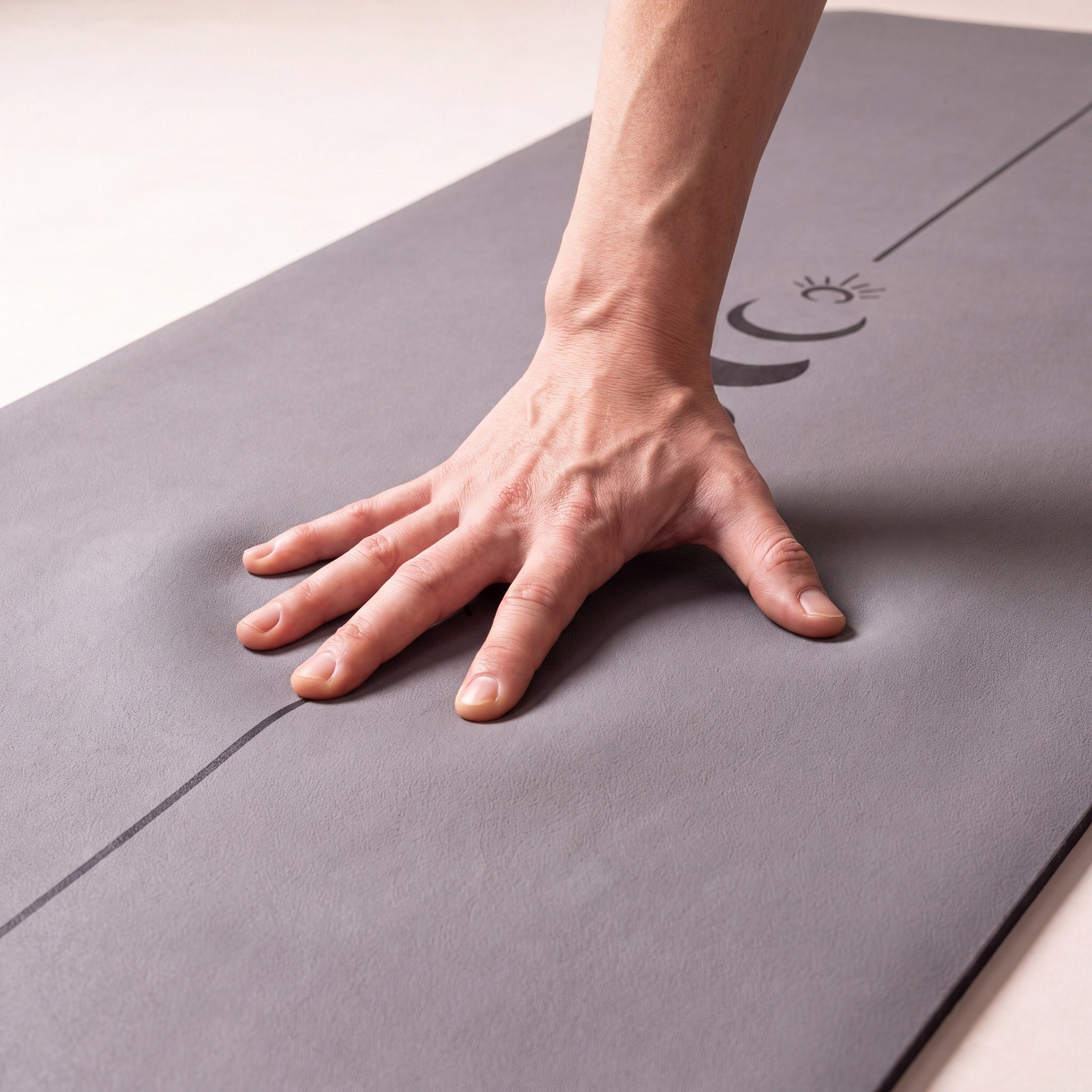 Hand stützt sich auf der Movasana-Matte ab, Fingerkuppen drücken die Oberfläche ein